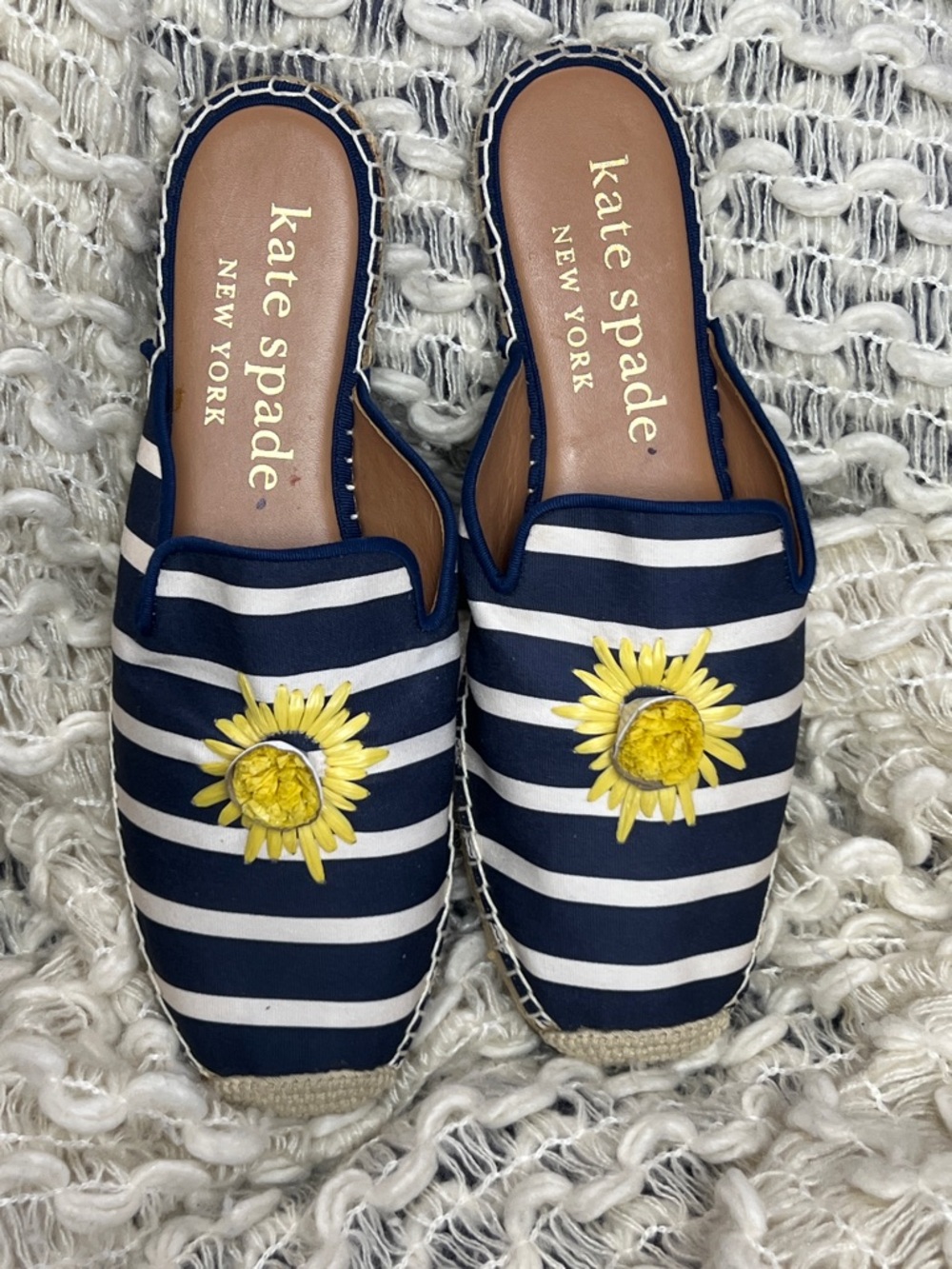 kate spade Navy & White Solero Striped Espadrille Mules Yellow Floral Applique - Picture 2 of 10